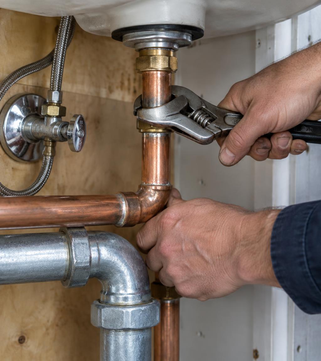 Ruce instalatéra utahují měděné potrubí klíčem