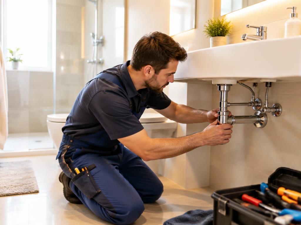 Instalatér opravuje odpad pod umyvadlem v koupelně
